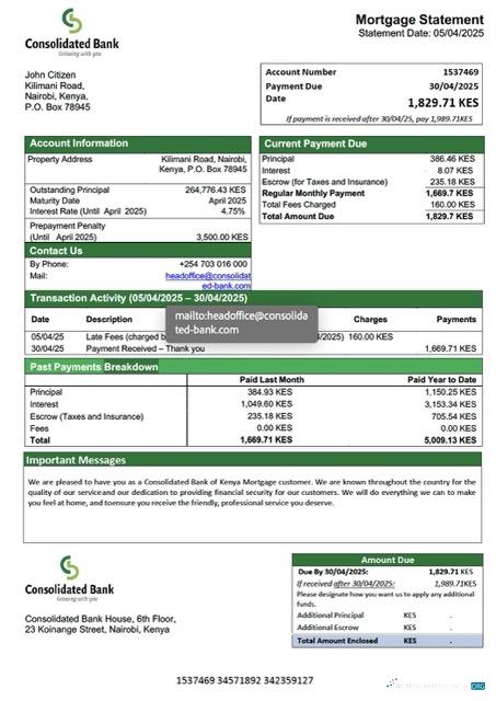 Download Kenya Consolidated Bank of Kenya mortgage statement Word and PDF template Photoshop template